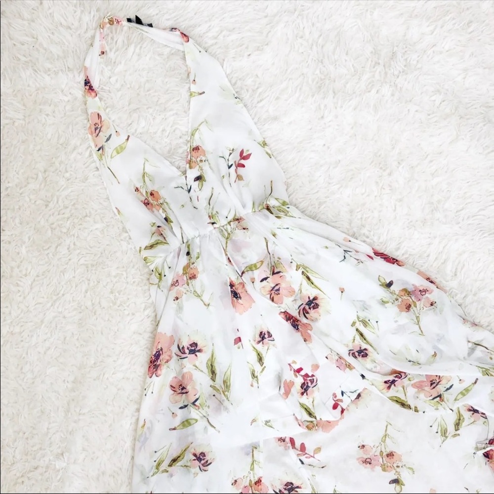 NWOT White floral halter romper w/open back